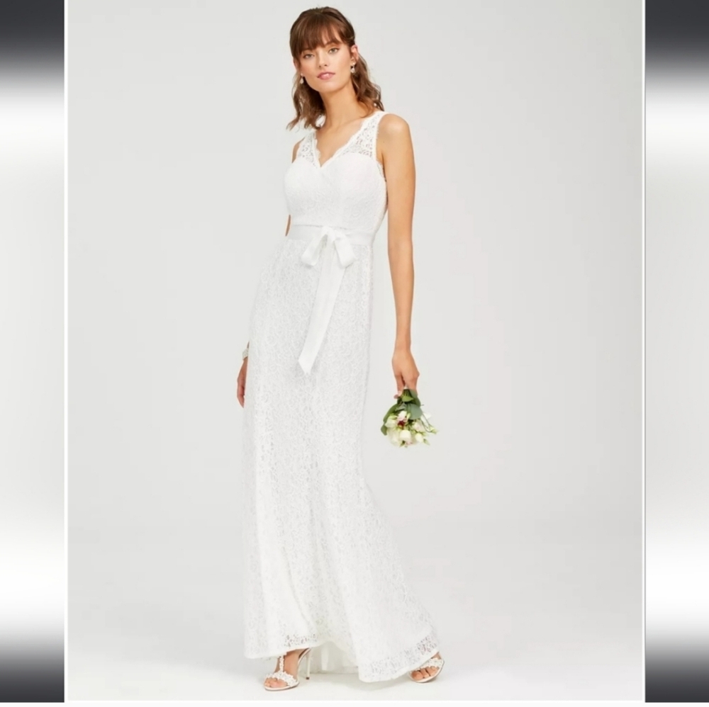 ADRIANNA PAPELL Lace V-NeckSatin Sash Gown Long Dress lvoryWhite Size 4